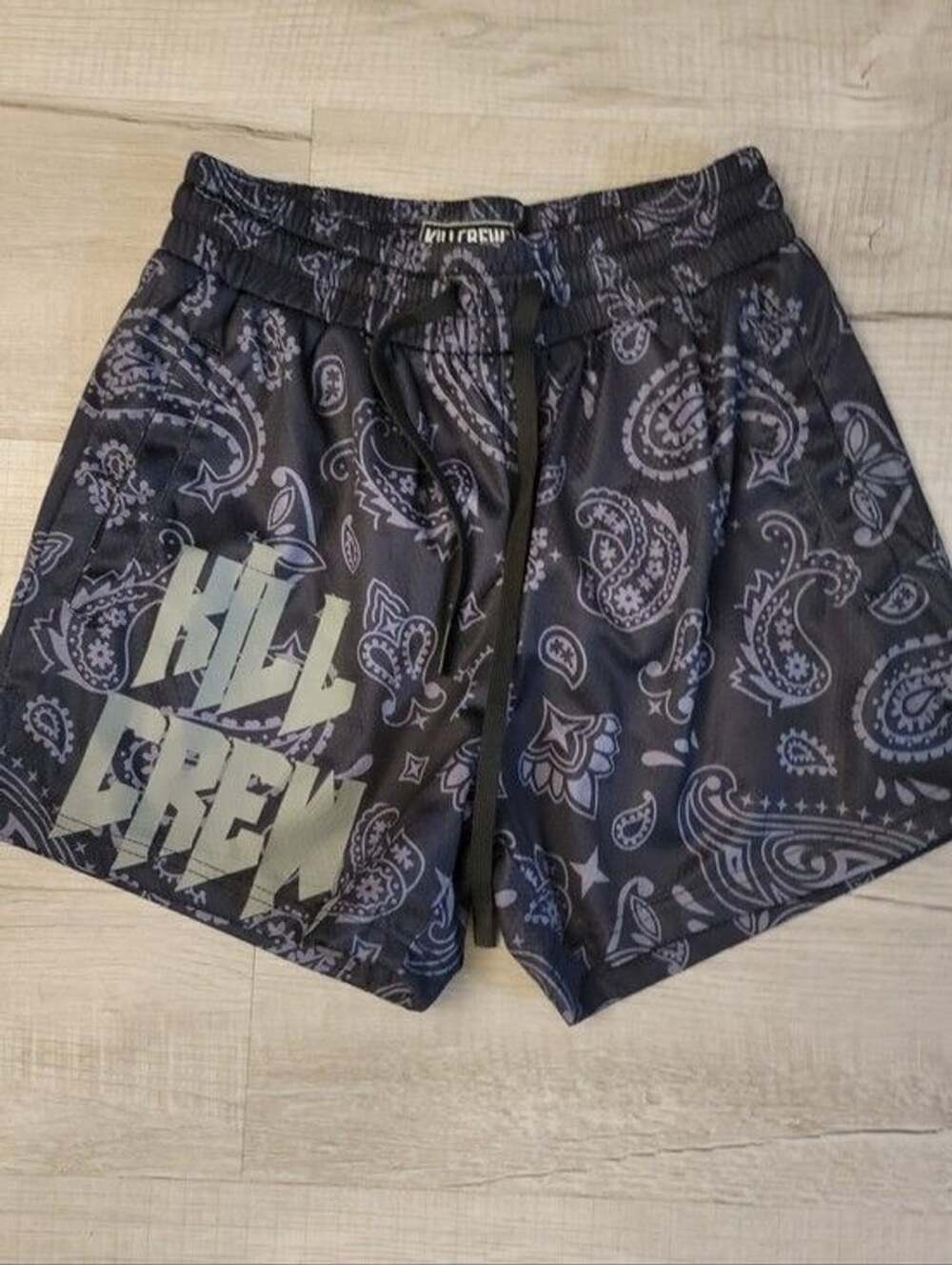 Kill Crew Black Paisley Athletic Shorts with Gray 'Kill Crew' Graphic